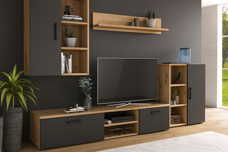 Zestaw mebli do salonu ICARO szafka RTV, szafka stojąca, szafka wisząca, półka - Dąb Artisan / Czarny