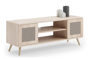 Szafka RTV FOCUS 155 cm skandynawska, nogi drewniane, nadruk rattan - Dąb Sonoma