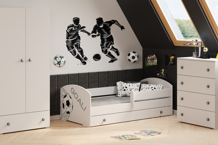 Łóżko dziecięce LUK GOAL 140x70 barierka szuflada uchwyty i grafika piłka nożna - Biały