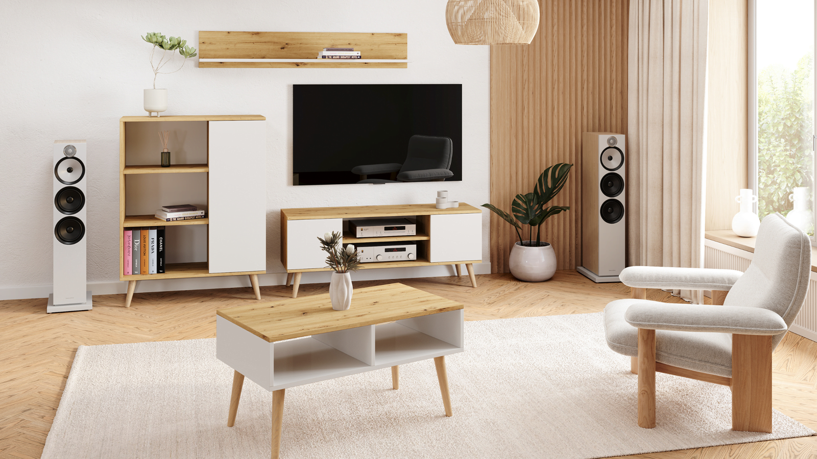 Szafka RTV Focus 135 cm Dąb artisan biały