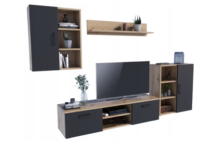 Zestaw mebli do salonu ICARO szafka RTV, szafka stojąca, szafka wisząca, półka - Dąb Artisan / Czarny