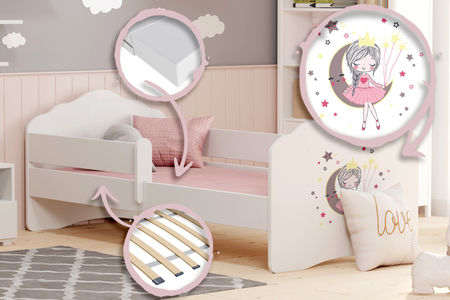 Łóżko dziecięce FALA 160x80 barierka grafika - Śpiąca Księżniczka