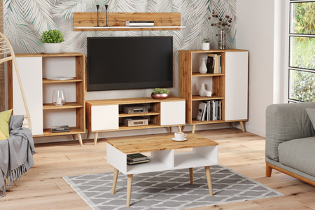 Szafka RTV FOCUS 135 cm skandynawska, nogi drewniane - Dąb Craft / Biały