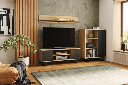 Szafka RTV FOCUS 135 cm loft, nogi metalowe - Dąb Artisan / Czarny