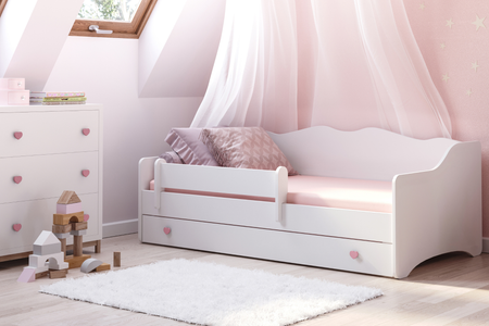 Łóżko dziecięce EMMA WHITE 160x80 z materacem - Białe / Różowe uchwyty