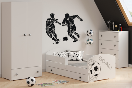Łóżko dziecięce LUK GOAL 140x70 barierka szuflada uchwyty i grafika piłka nożna - Biały