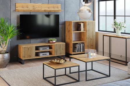 Szafka RTV FOCUS 135 cm loft, nogi metalowe, nadruk jodełka - Dąb Craft