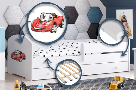 Łóżko pojedyncze LUK 160x80 z barierką i szufladą - Auto