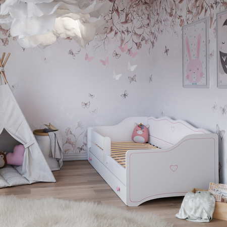 Łóżko dziecięce EMMA 180x80 barierka szuflada uchwyty serduszka - Biały / Różowy