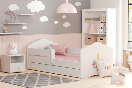 Łóżko dziecięce FALA 140x70 barierka szuflada grafika - Jednorożec