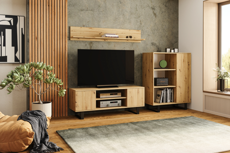 Szafka RTV FOCUS 135 cm loft, nogi metalowe - Dąb Artisan