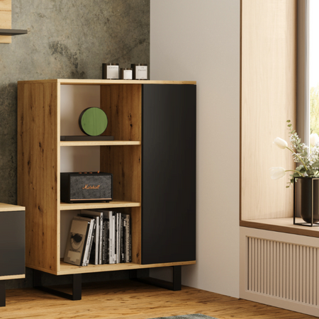 Komoda FONDI szafka z regałem loft, nogi metalowe - Dąb Artisan / Czarny
