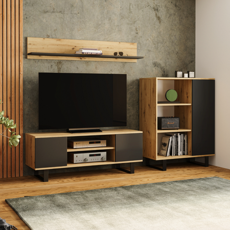 Komoda FONDI szafka z regałem loft, nogi metalowe - Dąb Artisan / Czarny
