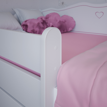 Łóżko dziecięce EMMA 180x80 barierka szuflada uchwyty serduszka - Biały / Różowy