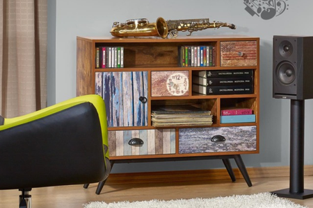 Komoda NEXT z półkami i szufladami skandynawska, boho, loft, nogi metalowe - Dąb Wotan / Wielobarwny