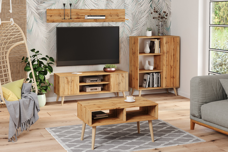 Szafka RTV FOCUS 155 cm skandynawska, nogi drewniane - Dąb Craft