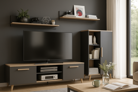 Zestaw mebli do salonu OSKAR komoda, szafka RTV, półki, styl skandynawski, nogi drewniane - Antracyt / Dąb Artisan