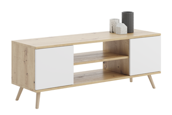 Szafka RTV FOCUS 155 cm skandynawska, nogi drewniane - Dąb Artisan / Biały