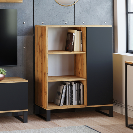 Komoda FONDI szafka z regałem loft, nogi metalowe - Dąb Craft / Czarny