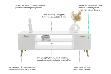 Szafka RTV FOCUS 135 cm skandynawska nogi drewniane - Biały