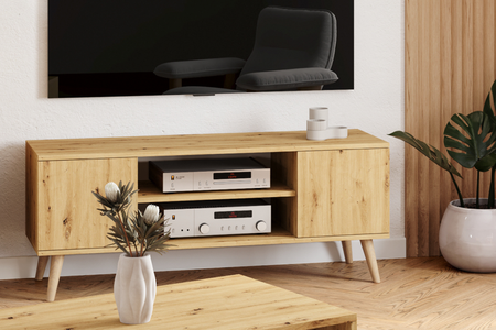 Szafka RTV FOCUS 135 cm skandynawska, nogi drewniane - Dąb Artisan