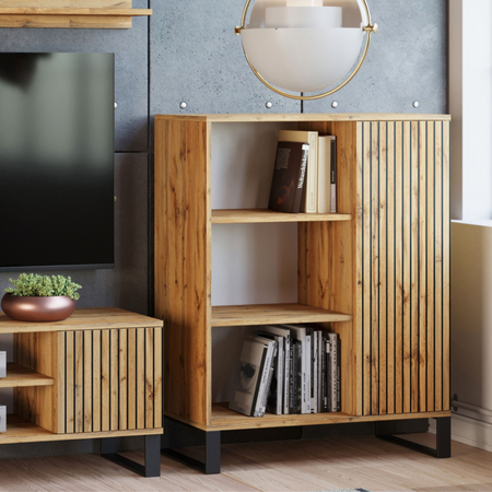 Komoda FONDI szafka z regałem loft, nogi metalowe, nadruk lamele - Dąb Craft
