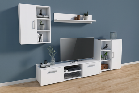 Zestaw mebli do salonu ICARO szafka RTV, szafka stojąca, szafka wisząca, półka - Biały