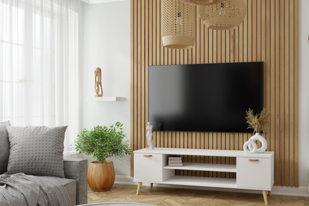 Szafka RTV FOCUS 135 cm skandynawska, nogi drewniane - Biała