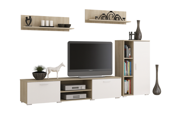 Zestaw mebli do salonu SOFEN komoda, szafka RTV, półki - Dąb Sonoma / Biały
