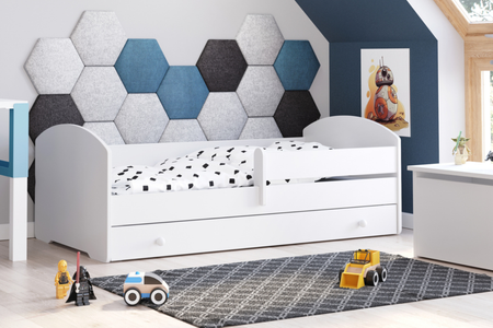 Łóżko dziecięce LUK 140x70 barierka szuflada materac - Biały