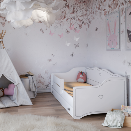 Łóżko dziecięce EMMA 180x80 barierka szuflada uchwyty serduszka - Biały / Szary