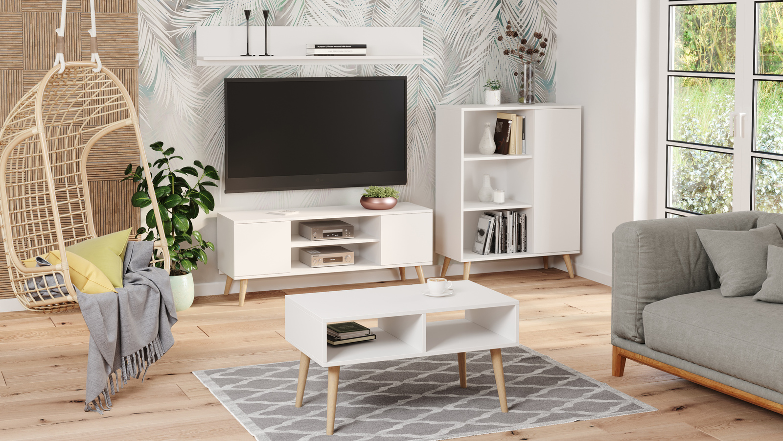 Szafka RTV 155 cm skandynawska biała nogi drewniane