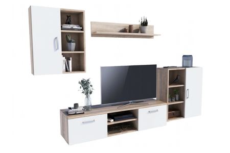 Zestaw mebli do salonu ICARO szafka RTV, szafka stojąca, szafka wisząca, półka - Dąb Sonoma / Biały