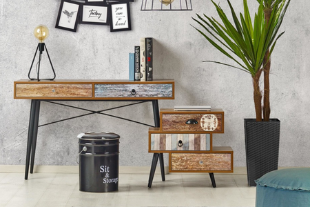 Szafka nocna NEXT Komoda mała z szufladami skandynawska, boho, loft, nogi metalowe - Dąb Wotan / Wielobarwny
