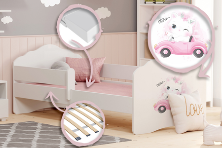 Łóżko dziecięce FALA 140x70 barierka grafika - Kot