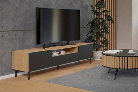 Szafka RTV KAJA 160 cm, nogi metalowe - Dąb Artisan / Czarny