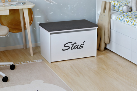 Skrzynia na zabawki DARIA - Biała z nadrukiem, panel grafitowy