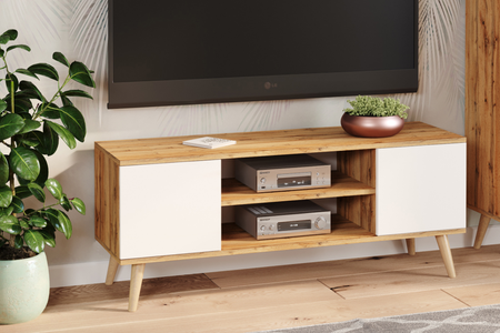 Szafka RTV FOCUS 155 cm skandynawska, nogi drewniane - Dąb Craft / Biały