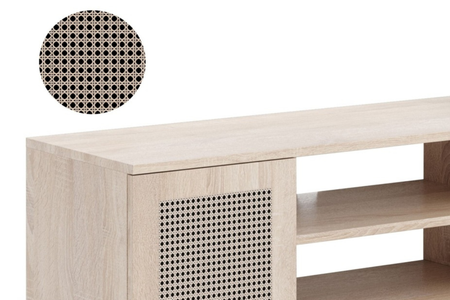 Szafka RTV FOCUS 155 cm skandynawska, nogi drewniane, nadruk rattan - Dąb Sonoma