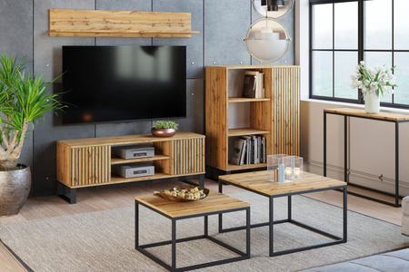 Szafka RTV FOCUS 135 cm loft, nogi metalowe, nadruk lamele - Dąb Craft