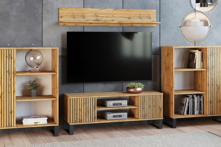 Szafka RTV FOCUS 135 cm loft, nogi metalowe, nadruk lamele - Dąb Craft
