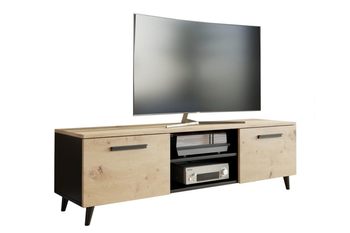 Szafka RTV BERGA 150 cm skandynawska, nogi drewniane - Czarny / Dąb Artisan