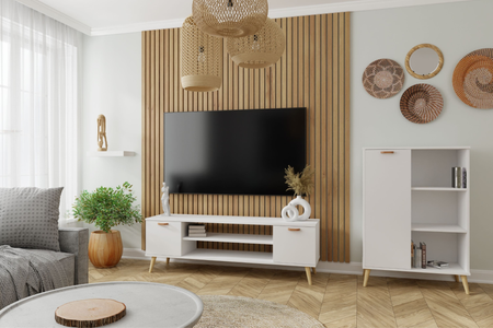 Szafka RTV FOCUS 135 cm skandynawska, nogi drewniane - Biała
