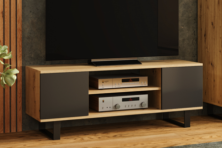 Szafka RTV FOCUS 135 cm loft, nogi metalowe - Dąb Artisan / Czarny
