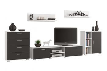 Zestaw mebli do salonu SOFEN II szafka RTV, komoda, szafka, półki - Biały / Czarny