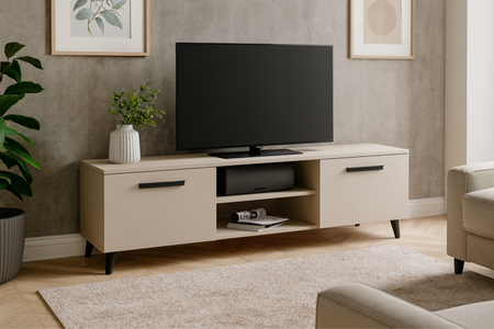 Szafka RTV BERGA 150 cm skandynawska, nogi drewniane - Kaszmir