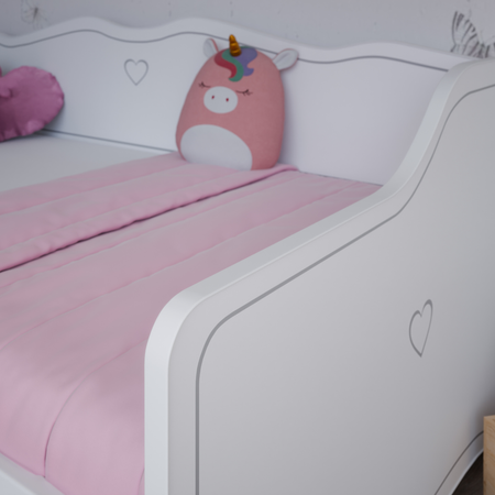 Łóżko dziecięce EMMA 180x80 barierka szuflada uchwyty serduszka - Biały / Szary