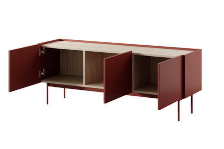 Szafka RTV COLETTE 144 cm - Ceramiczny Czerwony / Dąb Linea