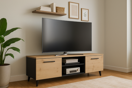 Szafka RTV BERGA 120 cm skandynawska, nogi drewniane - Czarny / Dąb Artisan 