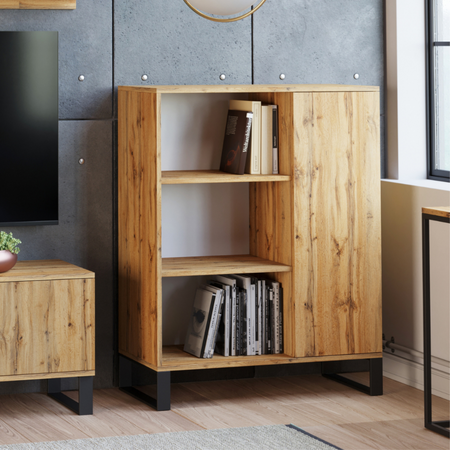 Komoda FONDI szafka z regałem loft, nogi metalowe - Dąb Craft